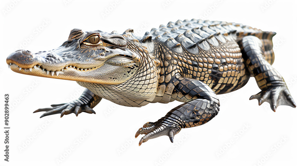 Naklejka premium Close-up image of an American alligator in isolation, showcasing its scaly skin and powerful limbs against a white background.