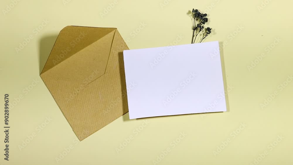 craft envelope with Blank paper and gypsophila flowers - White paper sheet on grunge yellow background craft envelope with Blank paper and gypsophila flowers - White paper sheet on grunge yellow background