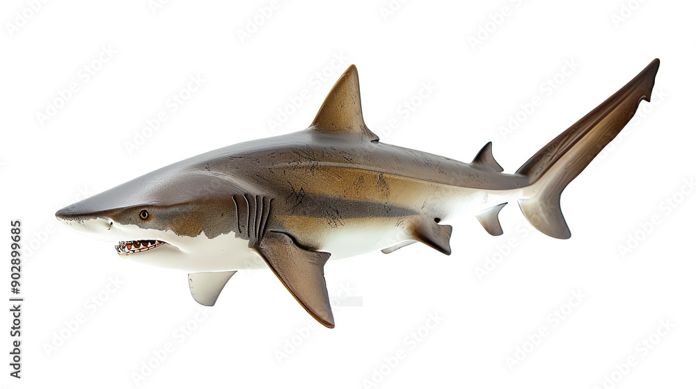 Close-up of a realistic shark model isolated on a white background. Perfect for marine life educational materials and displays.