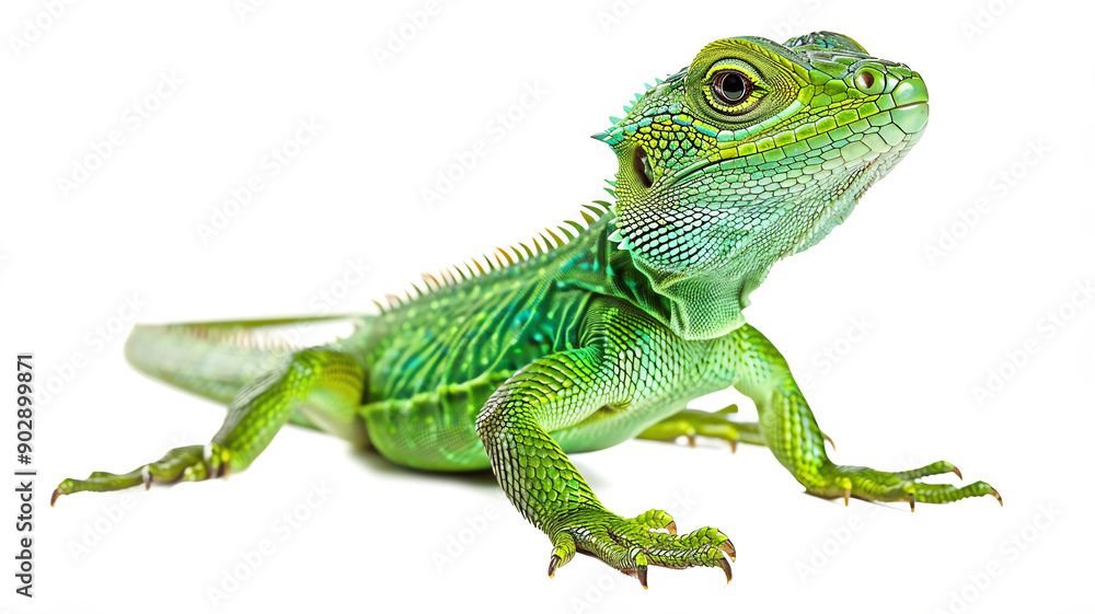 Fototapeta premium Close-up of a vibrant green lizard with detailed scales and spines, isolated against a white background.