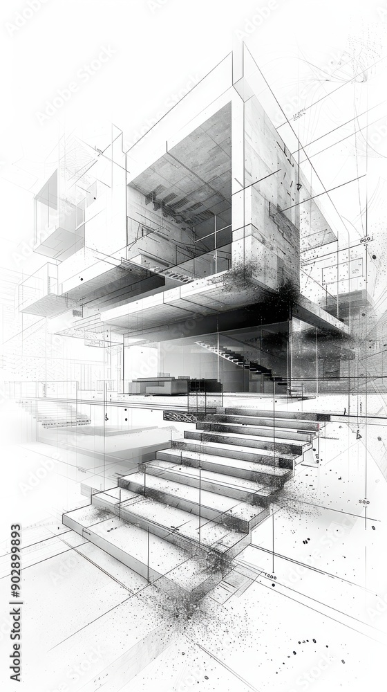 Architectural Rendering of Modern Building Design With Staircase Conceptualization in Urban Setting