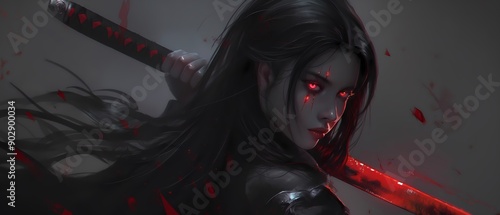 An anime girl with long hair holds a katana in her hands, mysterious emotions, glowing red eyes, a katana emitting infrared red light from inside, wallpaper