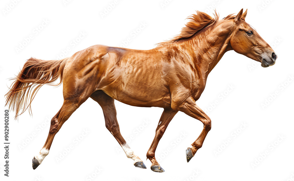 Fototapeta premium A majestic brown horse galloping with full speed, showcasing strength and elegance against a plain white background.