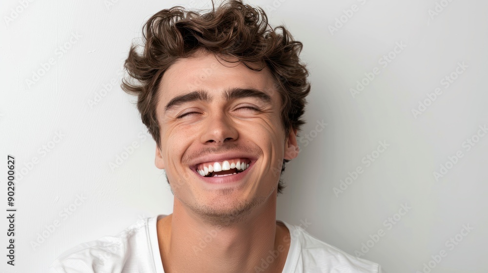A professional portrait studio photo of a handsome young white american man model with perfect clean teeth laughing and smiling. isolated on white background A professional portrait studio photo of a handsome young white american man model with perfect clean teeth laughing and smiling. isolated on white background