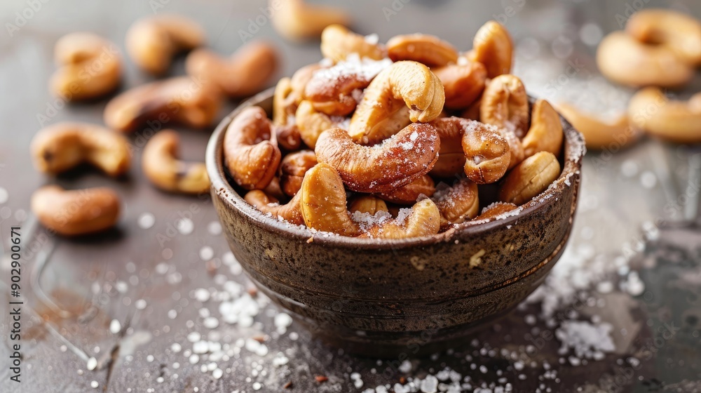 Obraz premium Rustic bowl of homemade roasted salted cashews, with a sprinkle of sea salt, ideal for a healthy snack feature