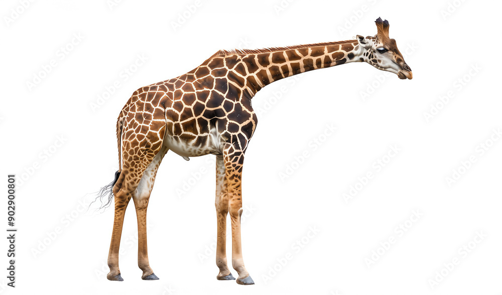Naklejka premium A captivating giraffe standing tall against a white background, perfectly capturing its elegance and unique patterns.