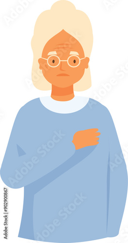 Senior woman holding her chest, experiencing a heart attack and looking worried