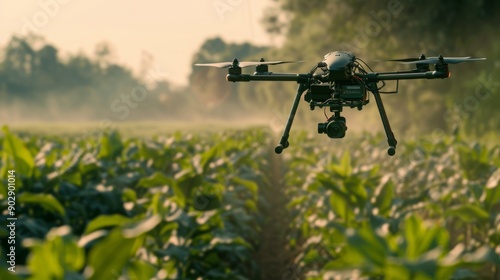 A drone flies over a field of crops at sunrise, spraying pesticides or fertilizers.