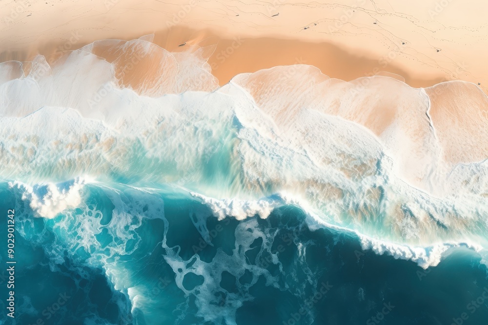 Fototapeta premium Aerial View of Waves Crashing on a Sandy Beach