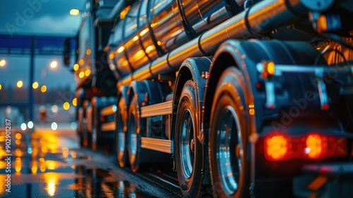 A yellow semi truck is parked in a parking lot. The truck is surrounded by other vehicles, including a red truck and a white truck. The scene is illuminated by street lights, creating a warm