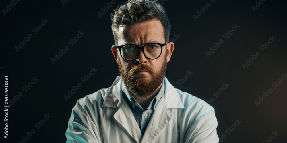 Obraz premium A surprised bearded man wearing glasses and a white lab coat stands against a plain background, conveying a sense of shock or discovery