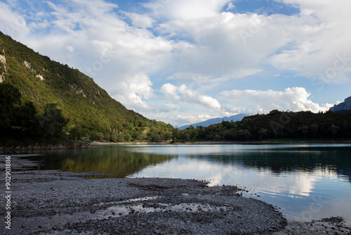 Lake Tenno sunset in Trentino, gorgeous evening landscape photo. photo