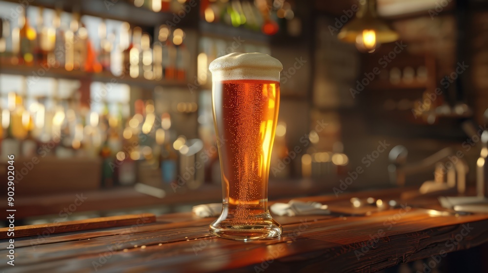 A frothy beer on bar A frothy beer on bar