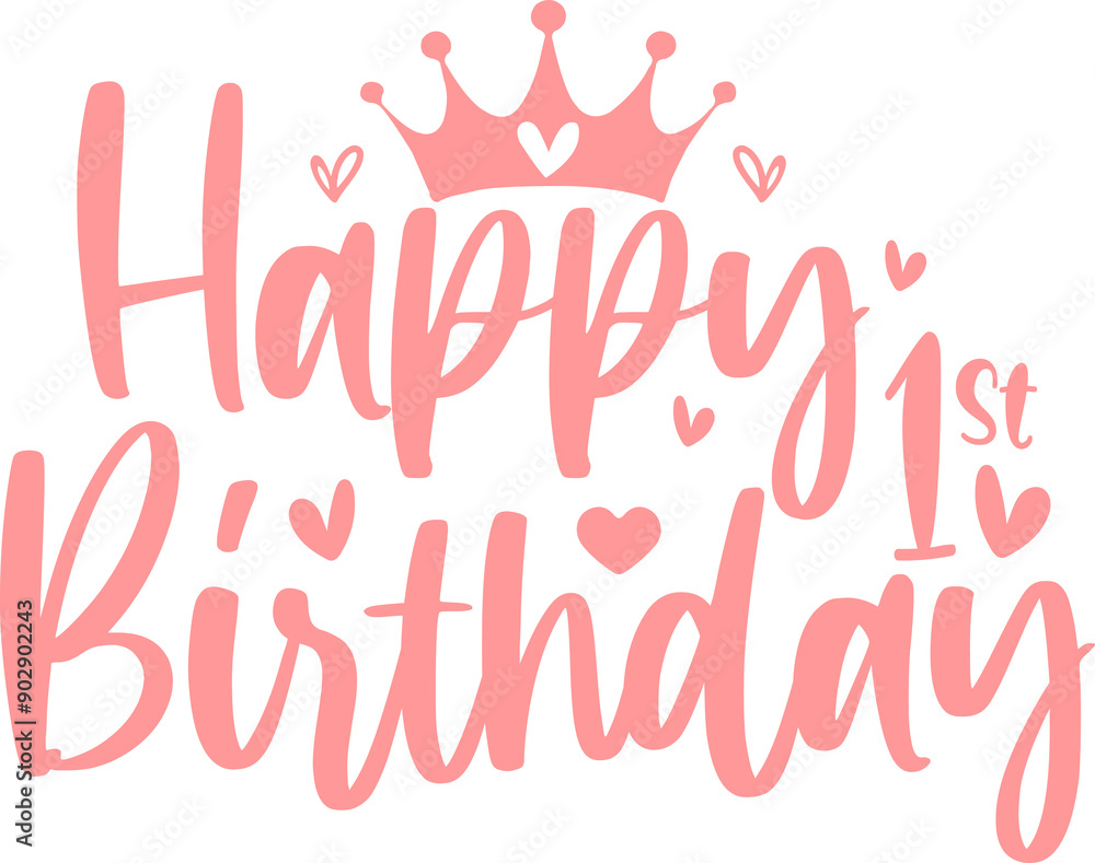 Fototapeta premium Happy 1st Birthday typography design on plain white transparent isolated background for card, shirt, hoodie, sweatshirt, apparel, tag, mug, icon, poster or badge