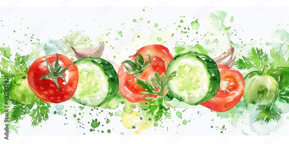 Healthy Vegetable Salad with Cucumber, Tomato, and Garlic in Watercolor Style Healthy Vegetable Salad with Cucumber, Tomato, and Garlic in Watercolor Style