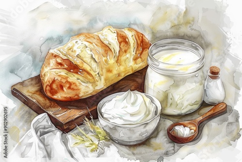 Homemade Dairy Delight: Creamy Ryazhenka with Fresh Bread, Watercolor Illustration photo