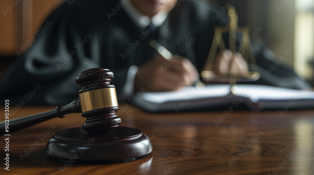 A gavel on a desk in a courtroom with blurred figures in the background. A gavel on a desk in a courtroom with blurred figures in the background.