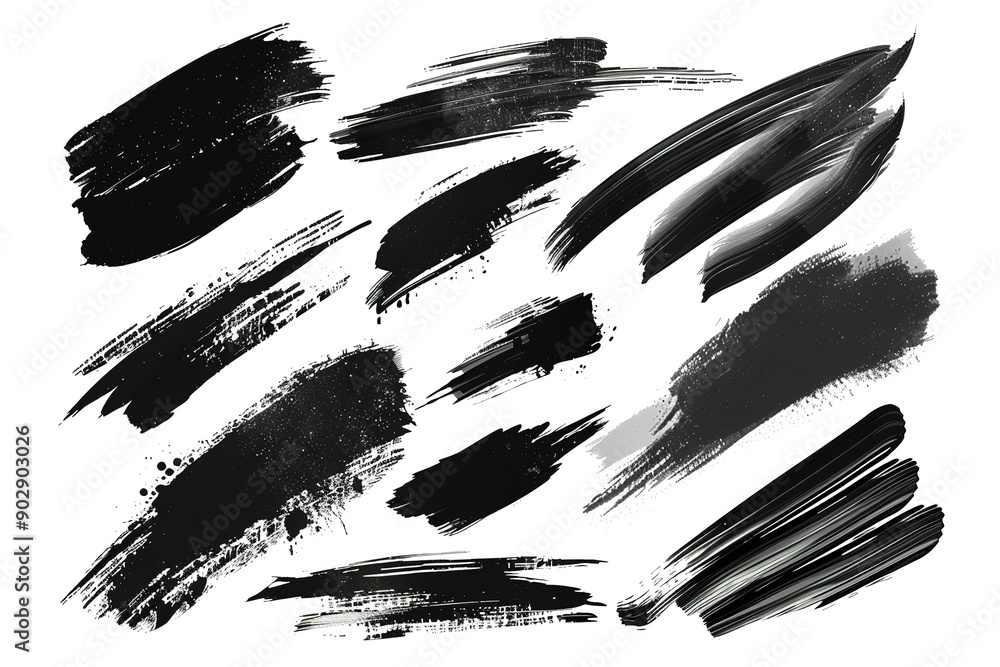 Black ink brush strokes, straight lines and shapes isolated on a white background Black ink brush strokes, straight lines and shapes isolated on a white background