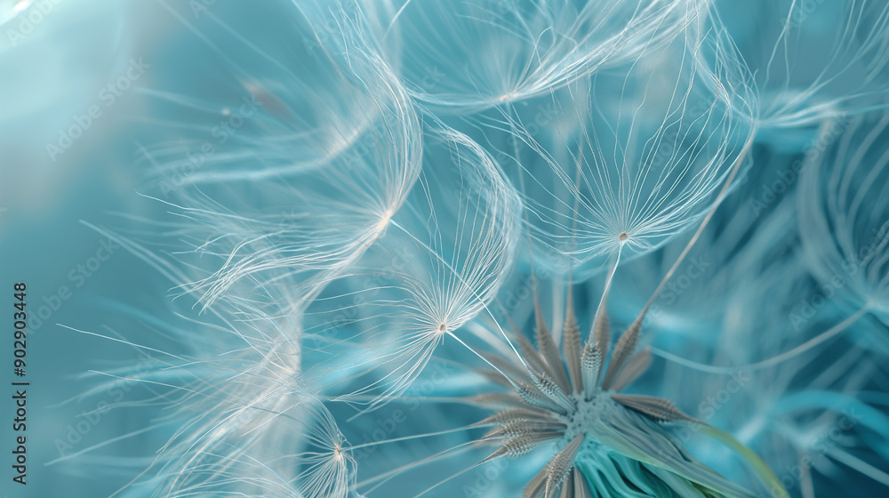 Close-up of delicate dandelion seeds floating against a light blue background. Close-up of delicate dandelion seeds floating against a light blue background.