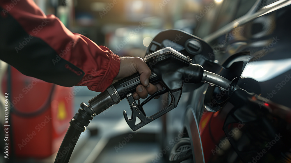 Fototapeta premium A person refueling a car at a gas station.