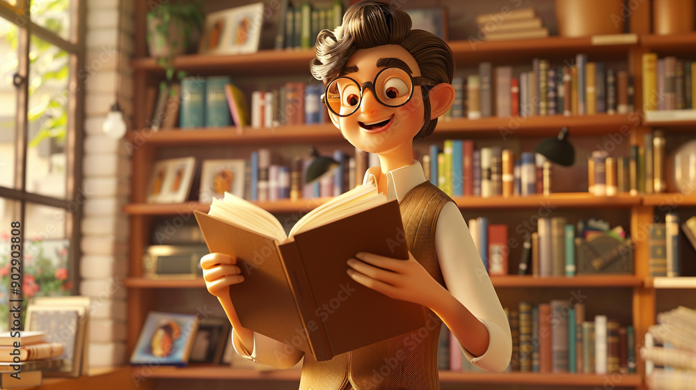 A librarian setting up a book display. Illustration, Animated character, C4D model rendering, 3D rendering - Generative AI A librarian setting up a book display. Illustration, Animated character, C4D model rendering, 3D rendering - Generative AI