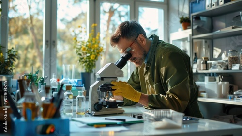 The scientist using microscope photo