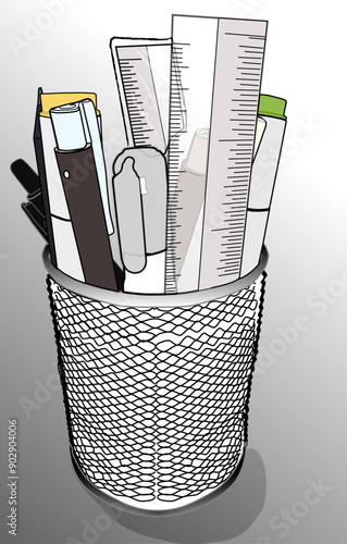 Stationaries in metal mesh container for office, school or desk.