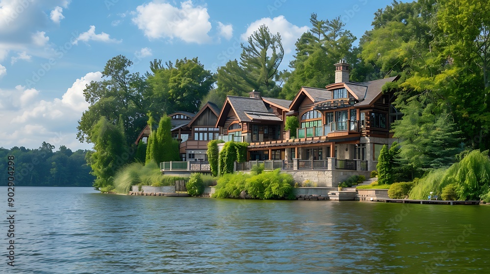 Obraz premium Lakefront luxury property on sunny day of summer