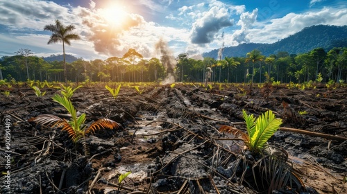 A forest with a tree in the middle and smoke in the background. Scene is somber and ominous