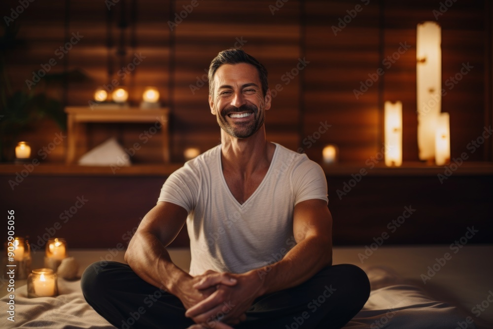 Portrait of a grinning man in his 40s showing off a thermal merino wool top in serene meditation room Portrait of a grinning man in his 40s showing off a thermal merino wool top in serene meditation room