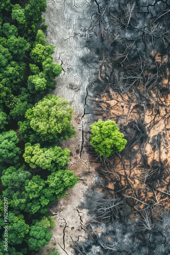 A forest with a tree in the middle and smoke in the background. Scene is somber and ominous