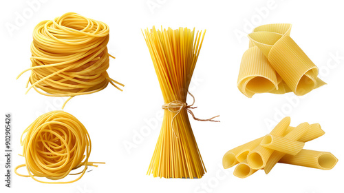  Set of yellow spaghetti and pasta isolated on transparent background
