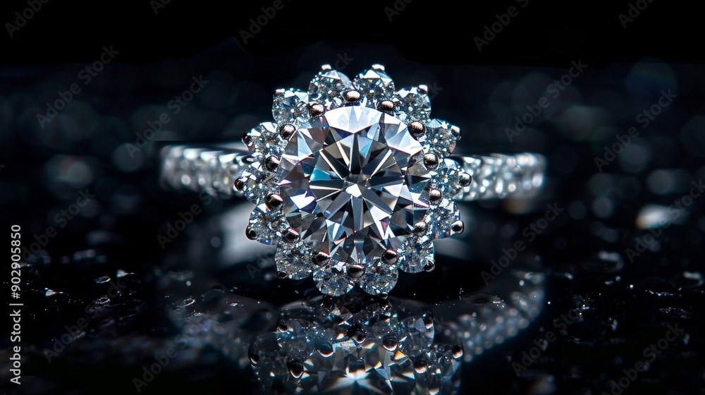 Fototapeta premium Diamond engagement ring on black background.