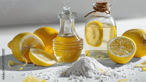 Eco-friendly natural cleaners. Vinegar, baking soda, and lemon on white background. photo