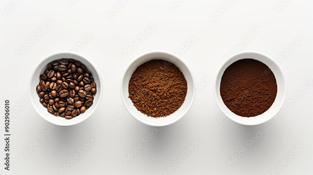Three coffee cups showing beans, ground coffee, and brewed coffee. Three coffee cups showing beans, ground coffee, and brewed coffee.