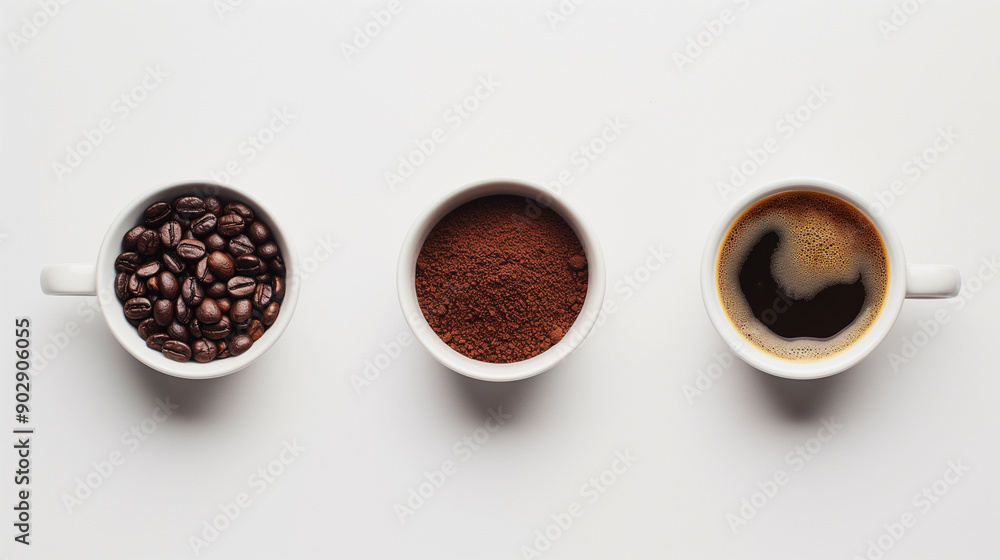 Three coffee cups showing beans, ground coffee, and brewed coffee. Three coffee cups showing beans, ground coffee, and brewed coffee.