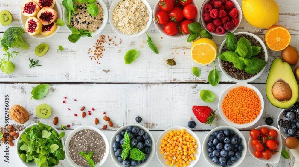 Aerial shot of different healthy foods arranged on a white wooden table. Includes colorful fruits, leafy greens, and wholesome grains. Great for health and nutrition themes. Aerial shot of different healthy foods arranged on a white wooden table. Includes colorful fruits, leafy greens, and wholesome grains. Great for health and nutrition themes.