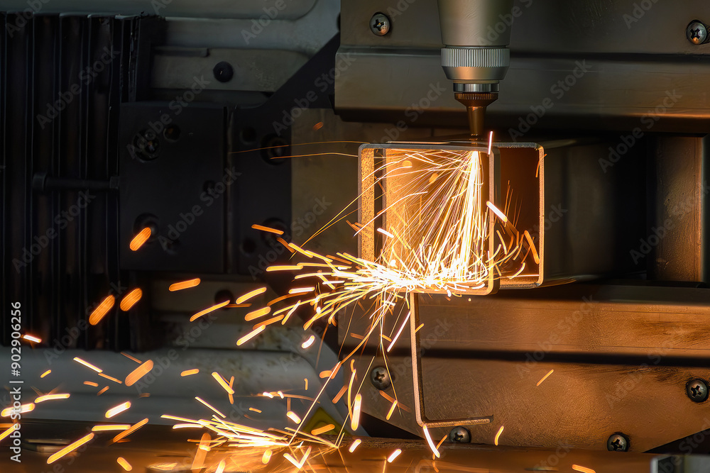 Close up scene the fiber laser cutting machine cut the square shape stainless steel tube with sparkling light. Close up scene the fiber laser cutting machine cut the square shape stainless steel tube with sparkling light.