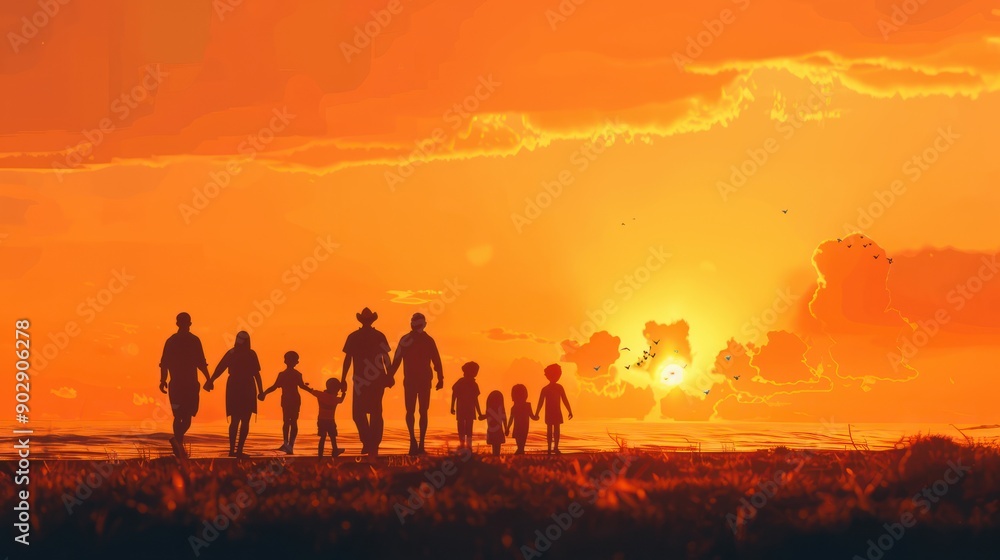 Family holding hands beach at sunset and generations grandparents travel with parents and kids with orange sky Back unity and men women and children silhouette and vacation with mockup : Generative AI Family holding hands beach at sunset and generations grandparents travel with parents and kids with orange sky Back unity and men women and children silhouette and vacation with mockup : Generative AI