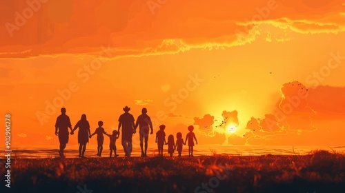 Family holding hands beach at sunset and generations grandparents travel with parents and kids with orange sky Back unity and men women and children silhouette and vacation with mockup : Generative AI