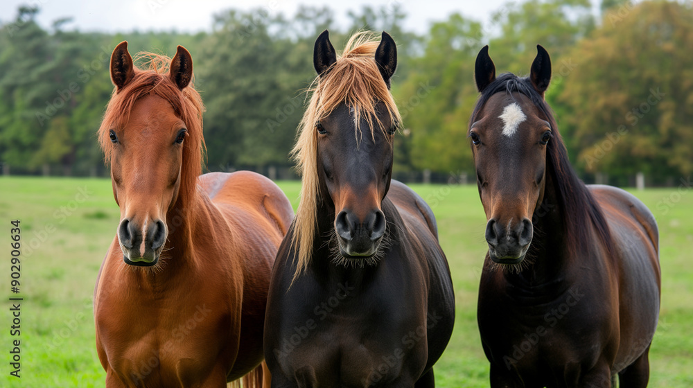 Three horses standing together in a grassy field.
