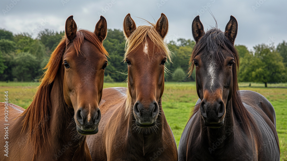 Fototapeta premium Three horses standing together in a grassy field.