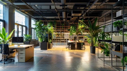 Modern office interior with greenery and industrial design.