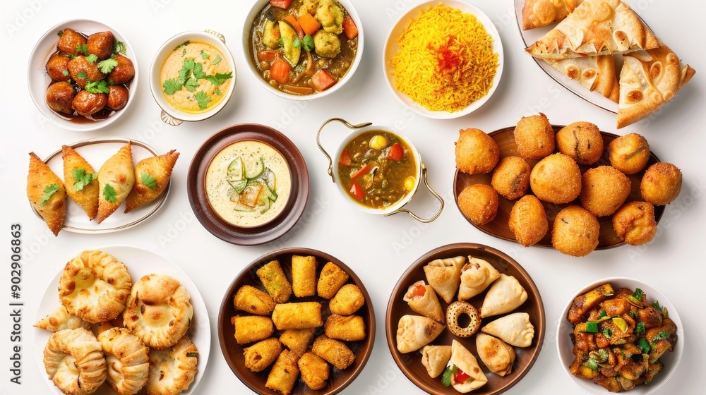 Aerial view of a variety of Indian dishes including curry, samosa, rolls, pani puri, and pakora isolated on white. Ideal for Iftar food collage. Aerial view of a variety of Indian dishes including curry, samosa, rolls, pani puri, and pakora isolated on white. Ideal for Iftar food collage.