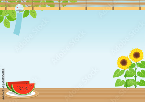 夏をイメージした風鈴とひまわりとスイカの背景_横
