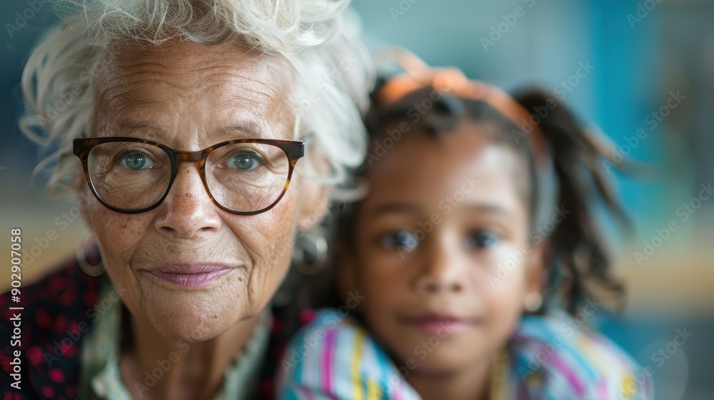 A close-up portrait of an elderly woman with gray hair and glasses, accompanied by a young girl with a serious expression and colorful clothing in an intimate setting. A close-up portrait of an elderly woman with gray hair and glasses, accompanied by a young girl with a serious expression and colorful clothing in an intimate setting.