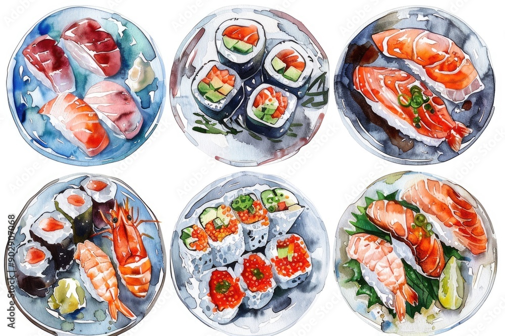Fototapeta premium Japanese Sushi Delicacies. Watercolor Hand-drawn Set of Traditional Sashimi Plates