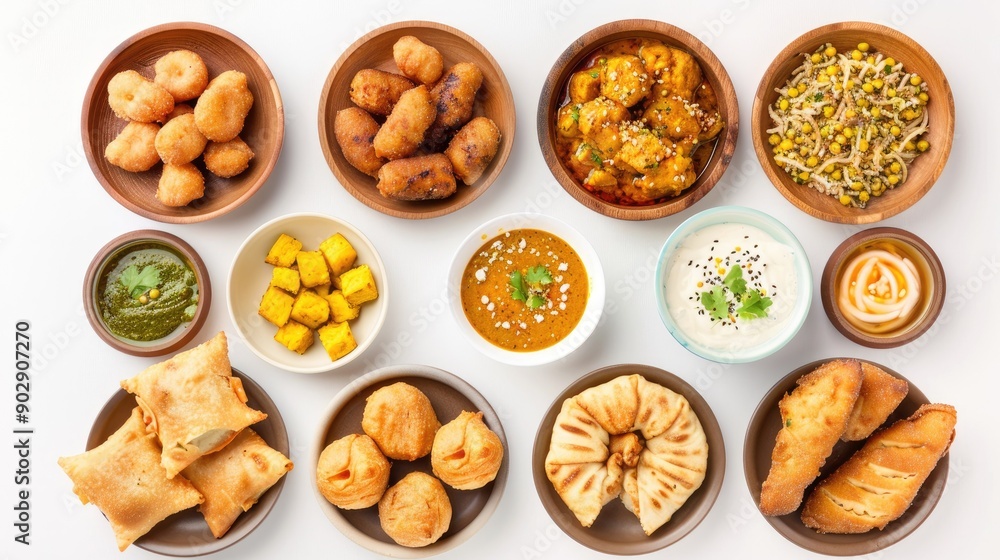 Aerial view of various Desi foods including curry, samosa, rolls, pani puri, and pakora isolated on white. Great for Iftar food imagery Aerial view of various Desi foods including curry, samosa, rolls, pani puri, and pakora isolated on white. Great for Iftar food imagery