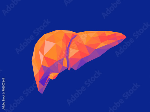 Abstract, low-poly liver rendered in warm orange and pink hues against a cool blue background. Evokes themes of health, vitality, function, and the complexity of the human body, 3d render