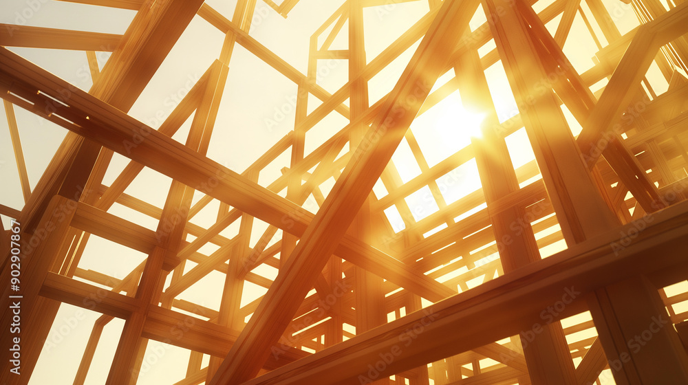 Obraz premium Low-angle view of a building construction site with steel frames and sunlight.